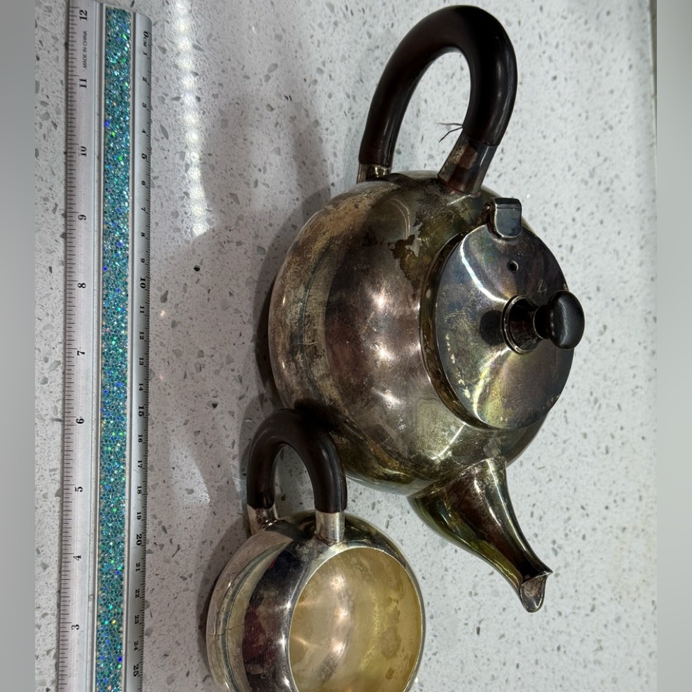 Sterling silver plated art deco coffee tea pot and creamer w ebony  c 1940